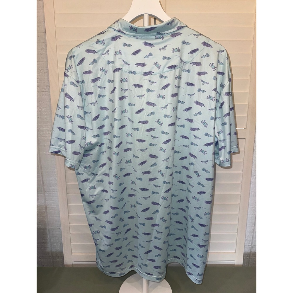 Bryan Co Polo Shirt Mens 2XL Blue Crab Shrimp Fishing Fly Performance Stretch - Picture 3 of 6